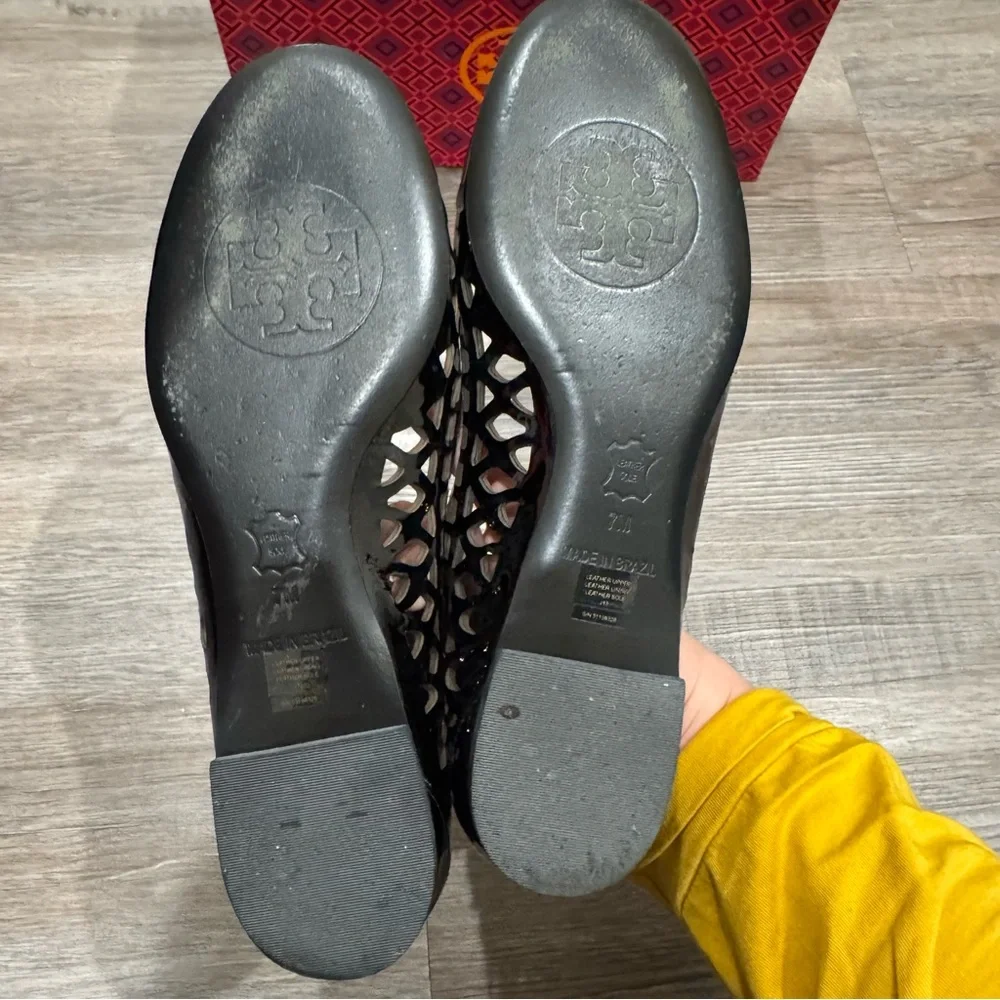 Tory Burch Mira Soft Black Patent Leather Logo Ballet Flats